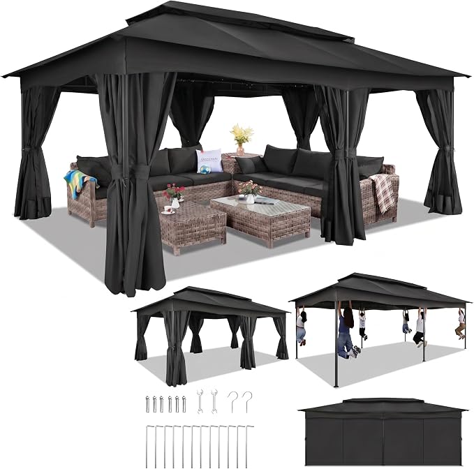 COBIZI Gazebo 12x20 FT Outdoor Gazebo on Clearance with Double Ventilated Arc Roof, Privacy Curtains & Mosquito Netting, Easy Set up Canopy Tent with Stable Metal Frame for Patio Black