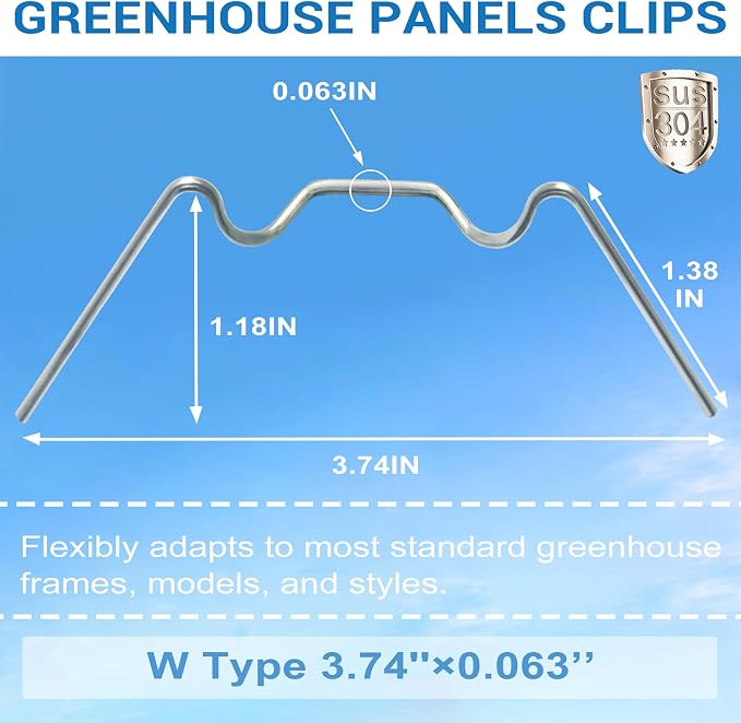 200PCS Greenhouse Glazing Clips Stainless Steel Long 95mm/3.74IN W Type Clips for Greenhouse Panels Fixation