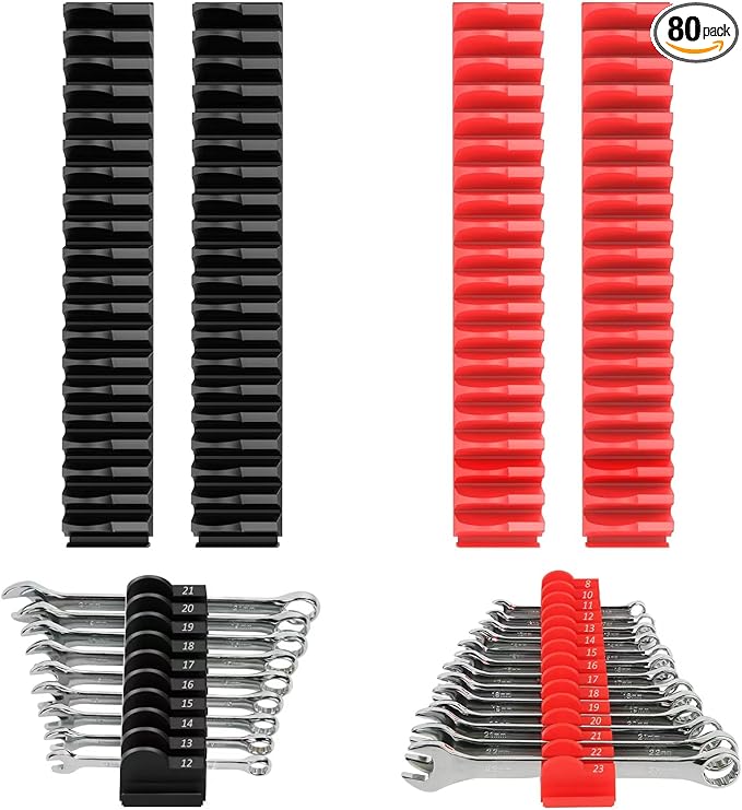 80 pcs MAGNETIC Modular Wrench Organizers for Tool Drawers - Wrench Rack with Metric & SAE Labels, Perfect Tool Storage Holder. Gift for father, brother and boyfriend (With Magnet) (Black and Red)