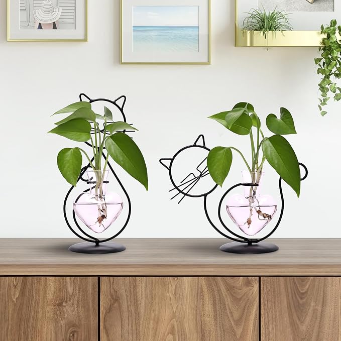 Plant Terrarium Plant Propagation Station Cat Lover Gifts for Women | Plant Lovers Home Office Decor Cat Desk Accessories