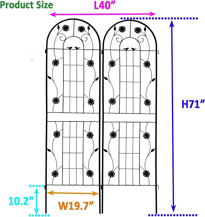 4/2 Pack White Metal Garden Trellis, 86.7" x 19.7" 71" x 19.7" Rustproof Plant Support Frame, Decorative Climbing Vine Trellis for Flower Vegetable Patio Garden Decor (Black, 71" x 19.7", 2 Pack)