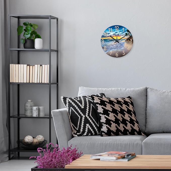 Palm Tree Glass Wall Clocks Battery Operated 12 Inch | Modern Round Blue Coastal Wall Clock Non Ticking Beach Wall Clock for Bedroom Kitchen Bathroom Living Room
