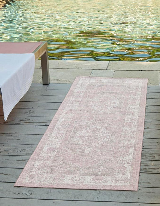 Unique Loom Outdoor Traditional Collection Area Rug - Valeria (2' x 6' 1" Runner, Pink/ Ivory)