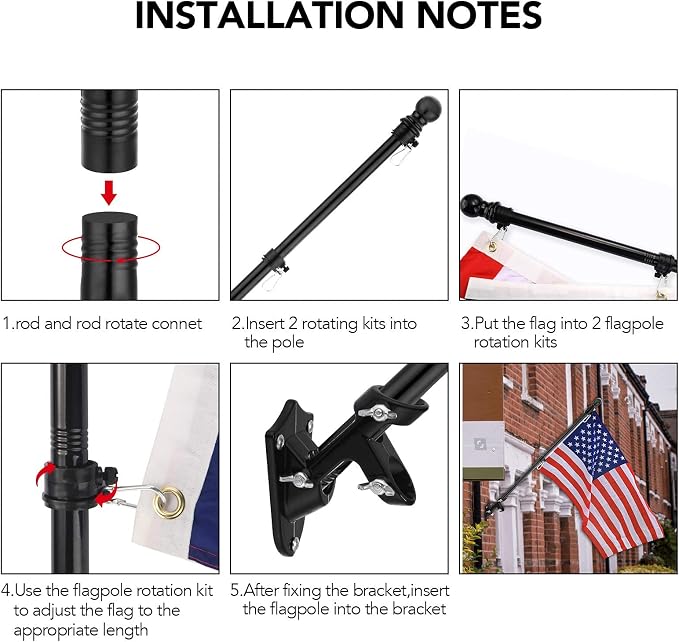 Yeesun Flag Pole for House with 3x5 American Flag, 6 FT Wall Mount with Bracket for Home Porch,Outdoor Deco.Residential or Commerical Tangle Free Flag Pole Kit (Black)