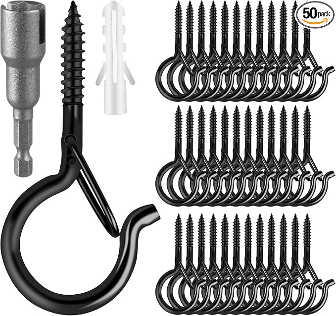 FSAH 50 Pack Screw-in Hooks for Outdoor String Lights, Q Hangers Light Outside, Swivel Hanging Basket Patio with Safe Buckle Screw in Planter Eye Hook Wall Ceiling, Black