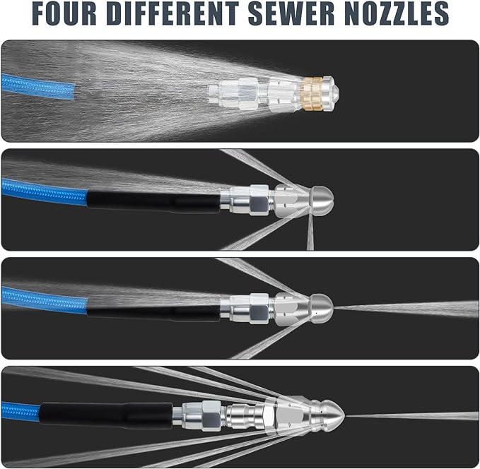 200 FT Sewer Jetter Kit for Pressure Washer, 5800PSI Water Jet Drain Cleaner Hose, 1/4 Inch NPT Corner with 4 Sewer Jetting Nozzles, Pearl Corsage Pin, Waterproof Tape, Handle Strap&2 Spanner (Blue)