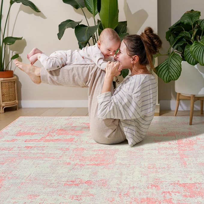 Toneed Washable 5x7 Area Rug with Non-Slip Backing for Living Room | Abstract Modern Rugs, Soft Low Pile Carpet for Bedroom Kitchen Dining Room Nursery Indoor Floor Office Home Decor, Pink Grey