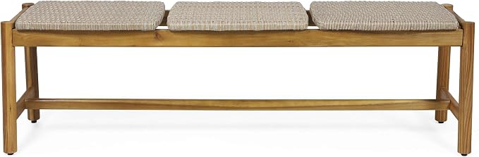 Christopher Knight Home Phoebe Outdoor 3 Seater Wicker Bench, Teak Finish, Light Gray