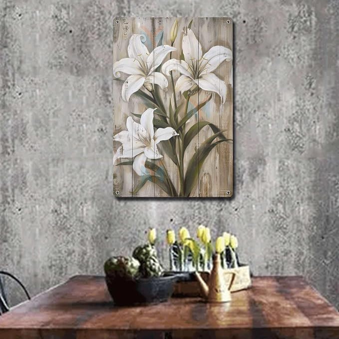Metal Sign Tin Sign Vintage Wall Art Rustic Charm Lilies Tin Sign for Easy Installation Weather Resistant Design and Vintage Aesthetic Inspirational Wall Art for Bar 12×16 Inches
