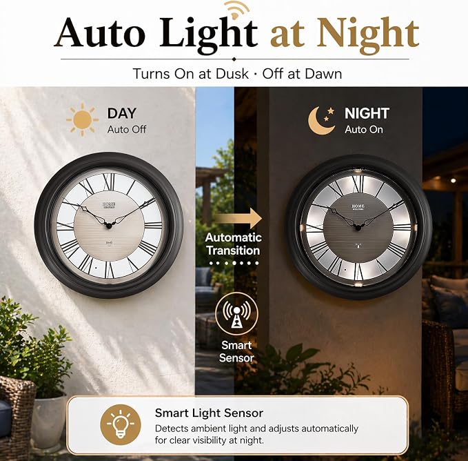 Pytha Sight 18 Inch Outdoor Clocks Waterproof, Atomic Analog Large Roman Numerals Outdoor Wall Clock with Light Sensor, Silent Non-Ticking Outdoor Clock for Patio Garden Porch Pool