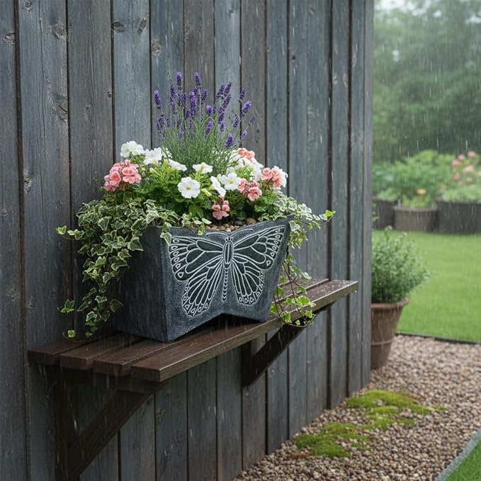 GreenShip 16 Inch Large Resin Flower Pots, Resin Planter Pot with Drainage Hole, Vintage Butterfly Embossed Decorative Garden Pot, Weather-Resistant for Porch, Patio, Indoor Use, Dark Grey