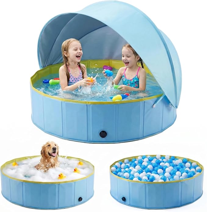 Kiddie Pool with Canopy, Large Foldable Pool Detachable UPF 50+ Sunshade | 63in Pool, Removable Sunshade, Foldable, Non Slip, Swimming Pool Beach Essentials Tent with Shade for Outdoor Backyard Beach