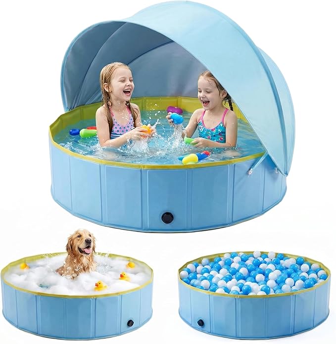 Kiddie Pool with Canopy, Large Foldable Pool Detachable UPF 50+ Sunshade | 77in Pool, Removable Sunshade, Foldable, Non Slip, Swimming Pool Beach Essentials Tent with Shade for Outdoor Backyard Beach