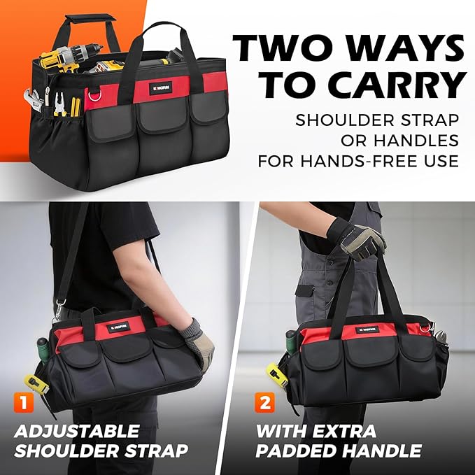 Kingfun 16 Inch Heavy Duty Wide Mouth Tool Bag with 14 Pockets | Adjustable Shoulder Strap & Padded Handle, Durable Tool Storage Bag for Electricians, Mechanics & more (Red)