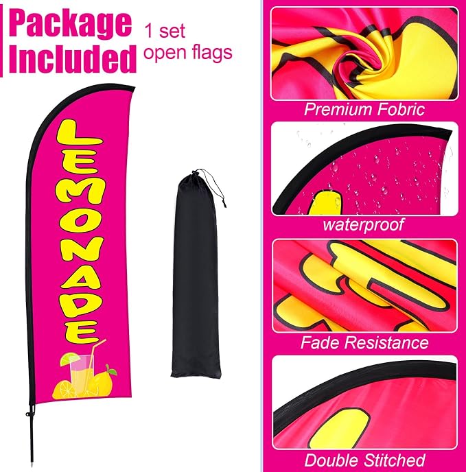 Buryeah Lemonade Feather Flag for Business Advertising 7 x 5.4ft Feather Flag Sign with Flagpole Ground Stake Portable Bag Lemonade Themed Banner with Rope for Outside Garden Business Party(Rose Pink)