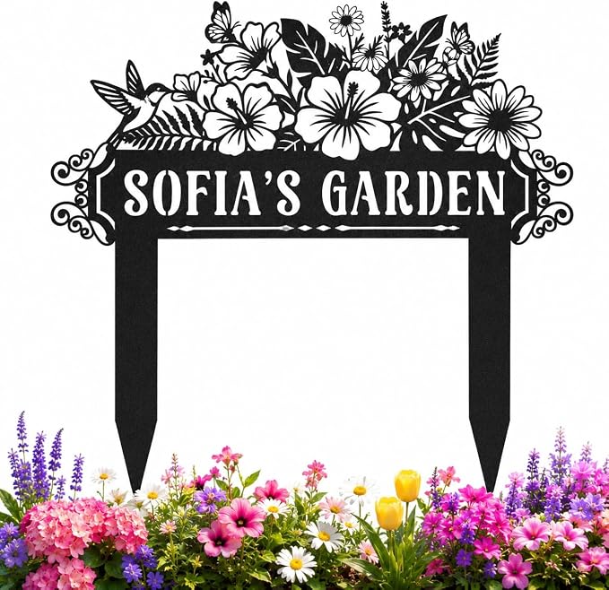 Personalise Flower Sign with Stake, Personalized Floral Garden Name Marker, Bird Sign Butterfly Metal Art, Gift for Gardener