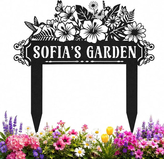 Personalise Flower Sign with Stake, Personalized Floral Garden Name Marker, Bird Sign Butterfly Metal Art, Gift for Gardener