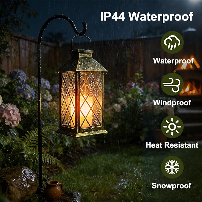Solar Lanterns Outdoor Waterproof, 1 Pack 14'' Tempered Glass Outdoor Lanterns with Flameless Candles, Solar Hanging Lantern Decorative for Patio Porch Garden Table Deck Outside - Bronze