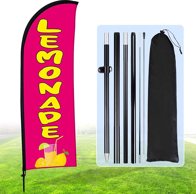 Buryeah Lemonade Feather Flag for Business Advertising 7 x 5.4ft Feather Flag Sign with Flagpole Ground Stake Portable Bag Lemonade Themed Banner with Rope for Outside Garden Business Party(Rose Pink)