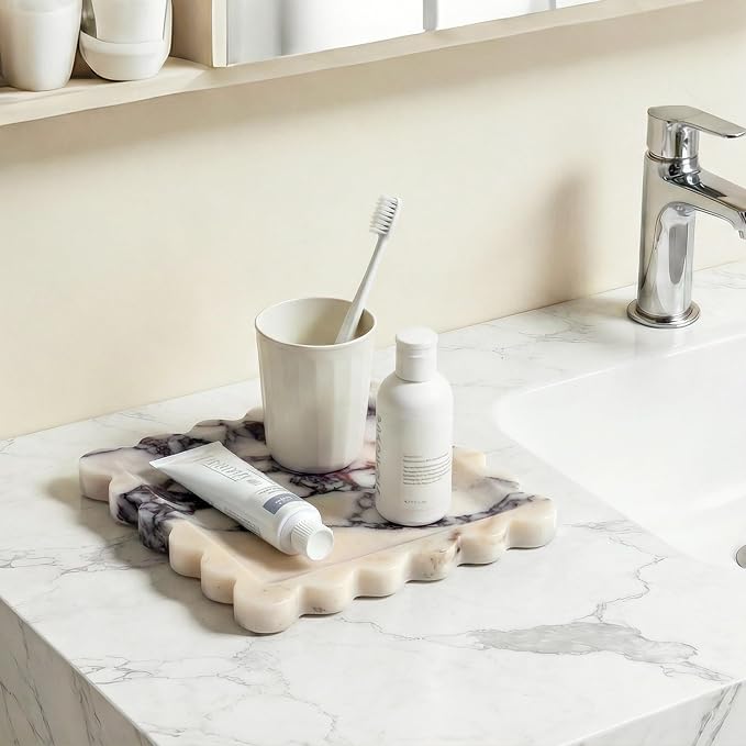 Scalloped Square Marble Decorative Tray, Natural Stone Vanity & Jewelry Tray, Trinket Organizer for Ring, Key, Dresser, Nightstand, Bathroom Counter & Kitchen Sink(Calacatta Viola)