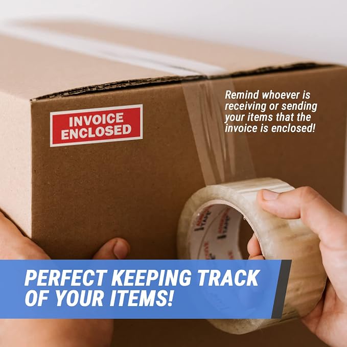 Invoice Enclosed Stickers (4 x 1.5 inch, Red with Bold Letters - 900 Labels) Invoice Enclosed Labels for Freight Forwarding, Shipping & Handling - Strong Adhesive