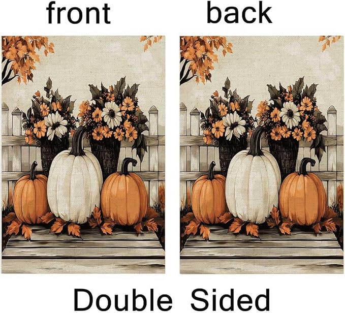 EMMTEEY Sunflower Garden Flag Fall Pumpkins 28X40 Double-Sided, Seasonal Yard Flags White Orange Large Burlap Garden Flags for Outside Front/Back Door