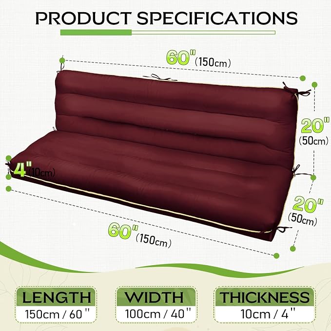 60×40 INCH Outdoor Swing Cushion with Backrest, Tie Straps & Memory Foam - Replacement for Porch Bench 2/3 Seater, Oxford Fabric (RED, 60 INCH × 40 INCH)