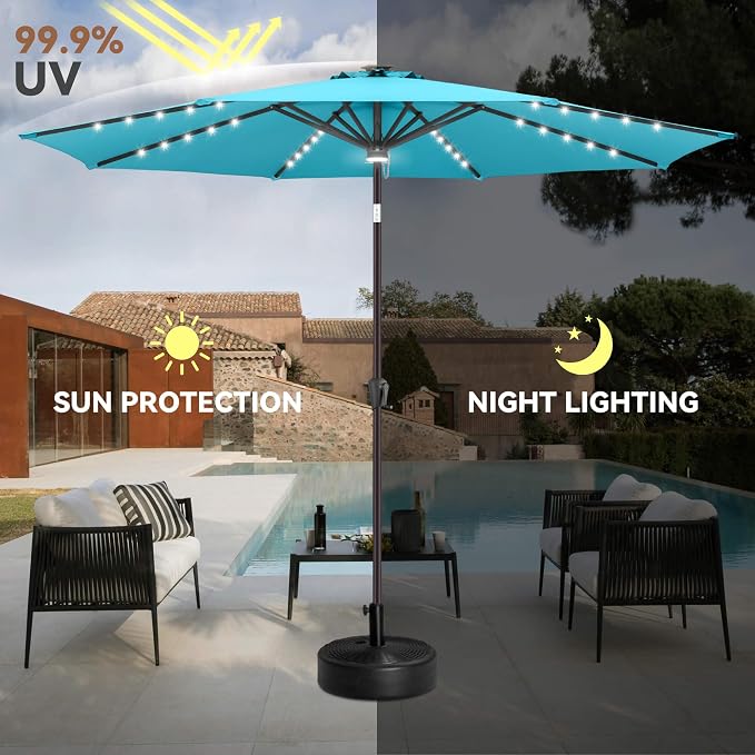 10ft Solar Umbrella Outdoor - Lighted Solar Patio Umbrella with 40 LED Lights Waterproof UV Protection, Table Umbrella with Tilt for Pool, Porch, Garden, Deck, Backyard (Aqua Blue)