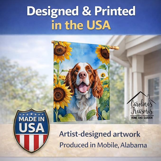 Caroline's Treasures DAC6171CHF Welsh Springer Spaniel in Sunflowers House Flag Large Porch Sleeve Pole Decorative Outside Yard Banner Artwork Wall Hanging, Polyester, House Size, Multicolor