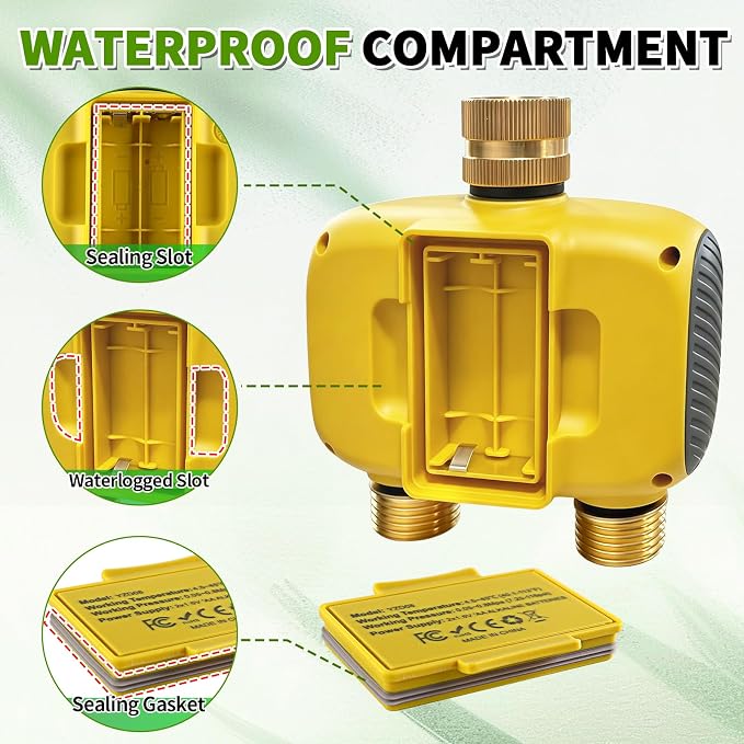 Boltigen Upgraded Brass Sprinkler Timer-2 Zone Water Hose Timers with Metal Inlet & Outlet-Waterproof & Programmable Design Timer Rain Delay & Manual Watering, for Outdoor Garden Irrigation Lawn Yard