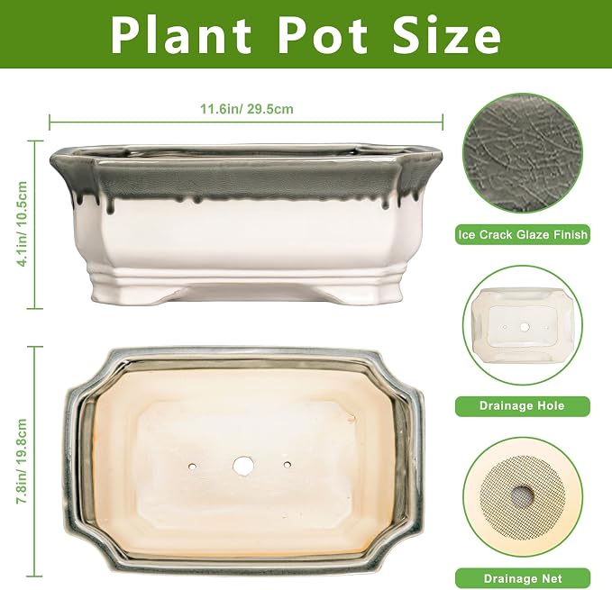 Ceramic Bonsai Pots - 11.6 Inch Succulent Planters for Indoor Outdoor Plants, Bonsai Tree Pots with Drainage Hole, Large Shallow Planter, Patio Decor, Women Men Gifts, Rectangular Beige-Grey