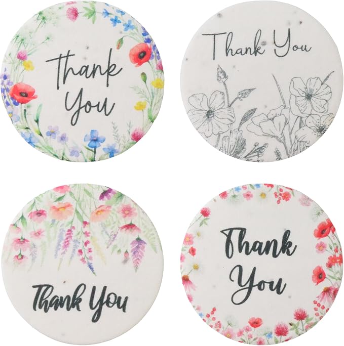 48Pcs Plantable Round Thank You Tags with Wildflower Seeds - 4 Floral Designs (12 Each) Writable Favor Tags for Birthdays, Weddings, Bridal Shower, Mom Gifts, Party Favors & Gift Wrapping