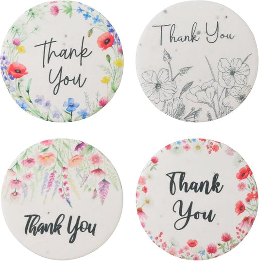 48Pcs Plantable Round Thank You Tags with Wildflower Seeds - 4 Floral Designs (12 Each) Writable Favor Tags for Birthdays, Weddings, Bridal Shower, Mom Gifts, Party Favors & Gift Wrapping