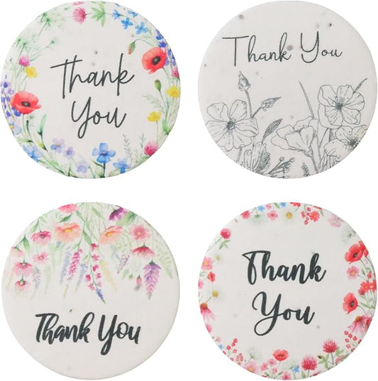24Pcs Plantable Round Thank You Tags with Wildflower Seeds - 4 Floral Designs (6 Each) Writable Favor Tags for Birthdays, Weddings, Bridal Shower, Mom Gifts, Party Favors & Gift Wrapping
