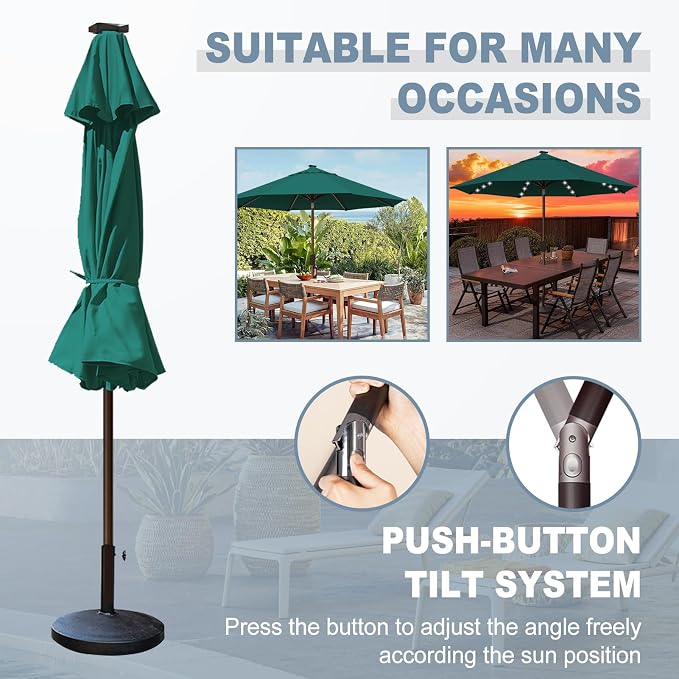 EliteShade USA 10-Year-Non-Fading 10ft Market Patio Umbrella, Commercial Grade Table Sun Umbrella with 80 Solar LED Lights, Crank Open, Windproof & UPF 50+ UV Protection for Garden, Deck, Pool, Backyard, Forest Green