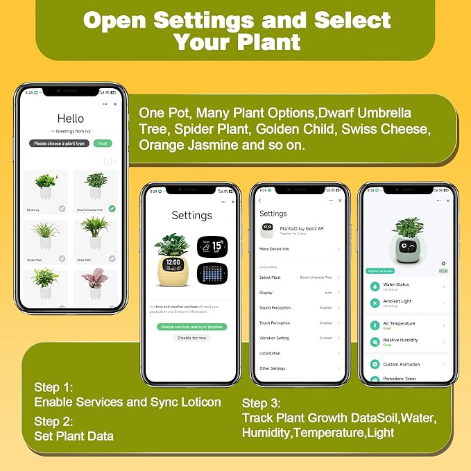 Smart Plant Pot with Visual Display – Soil Moisture, Water Level, Light & Battery Monitor, 80ml Self-Watering Reservoir, Supports 100+ Plants, Pomodoro Timer, Clock & Calendar (Green)