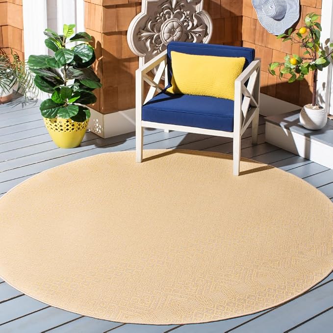 SAFAVIEH Courtyard Collection 6'7" Round Gold/Beige CY6235 Moroccan Indoor/Outdoor Waterproof Easy Cleaning Patio Backyard Mudroom Area Rug