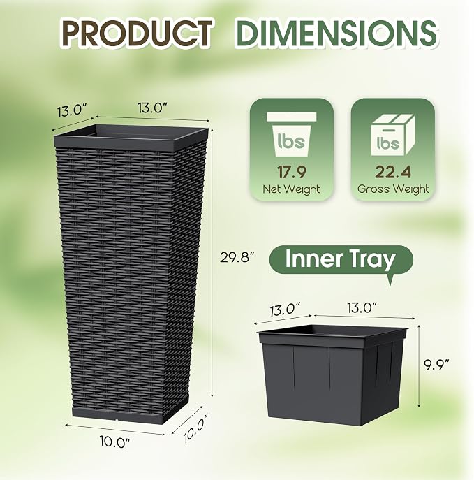 30 Inch Tall Plastic Planters(Set of 2), Detachable Inner Pot & Drainage Holes, Outdoor Decorative Flower Pots for Large Plants, Trees, Patio, and Garden, Black