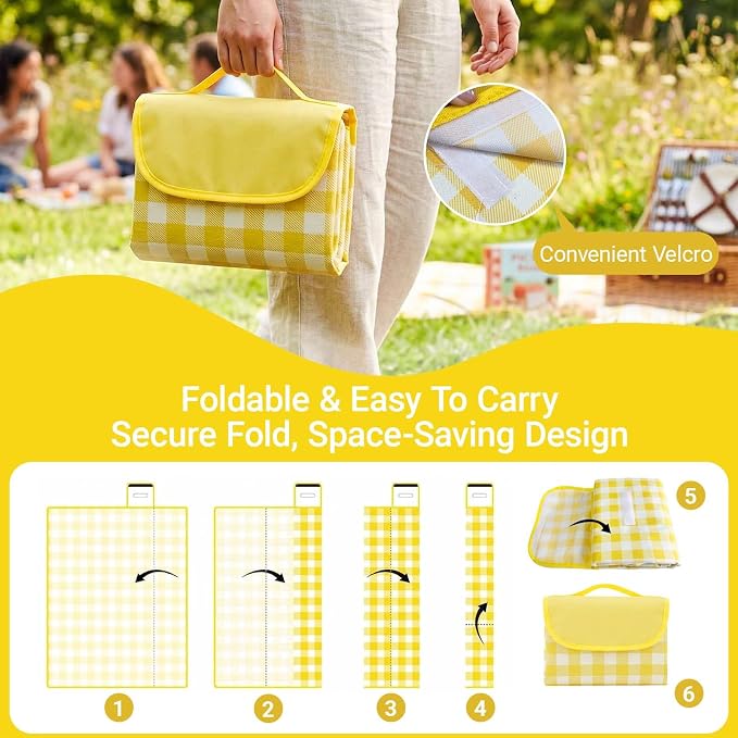 Waterproof Foldable Picnic Blanket Outdoor with Carry Strap,80"X60" Extra Large Beach Blanket Sandproof,Portable Soft Gingham Picnic Mat for Camping Travel Hiking Family Concerts Park(Yellow)