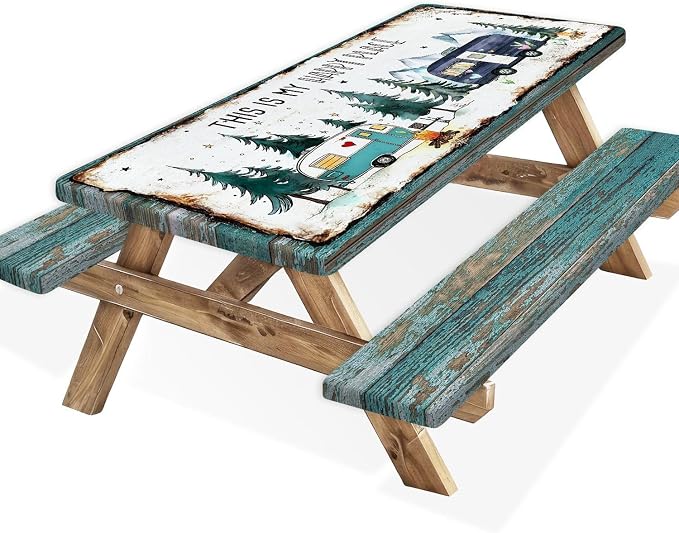 Picnic Table Covers with Bench Covers Camping Tablecloth Fitted Picnic Table Cover with Elastic Windproof Waterproof, Camping Accessories Outdoor, 60In 3PCS