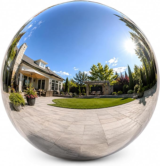 Gazing Ball Garden Mirror Outdoor - 8 Inch Outside Decorative Globe, Silver | Metal Polished Reflective Sphere, Stainless Steel Hollow Decoration Ornament for Home Pond Swimming Pool Housewarming Gift