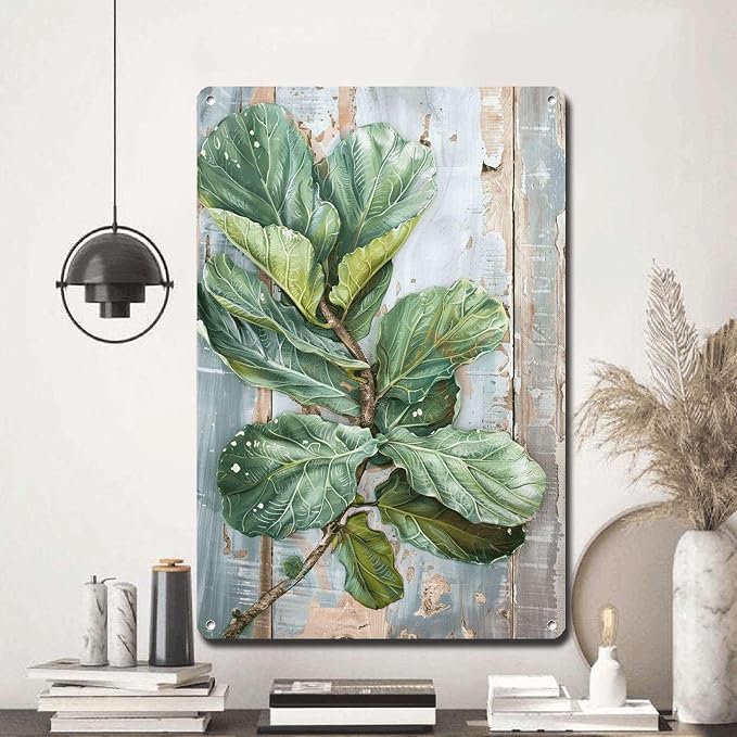 Metal Sign Tin Sign Vintage Wall Art Antique Artistry Fiddle Leaf Tin Sign for Distressed Wood Wall Art Green Thumbs and Botanical Bar Signs for Home Bar for Club 8×12 Inches