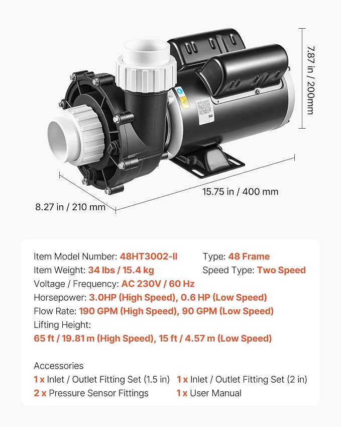 VEVOR SPA Pump 3HP Hot Tub Pump 2 Speed 48 Frame with 1.5" & 2" Port, 230V, 190 GPM High Speed & 90 GPM Low Speed, 90° Rotational Interface, SPA Bath Water Circulation, Compatible with OEM Models