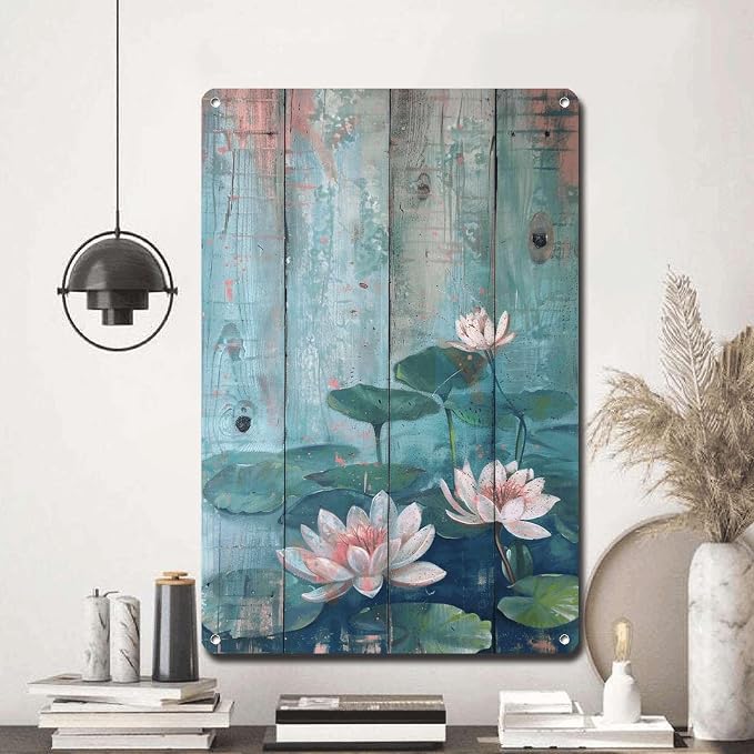 Metal Sign Tin Sign Vintage Wall Art Shabby Chic Water Lilies Tin Sign for Vintage Pond Tranquility Rustic Wall Art and Distressed Woo Garden Tin Sign for Restaurant 6×8 Inches