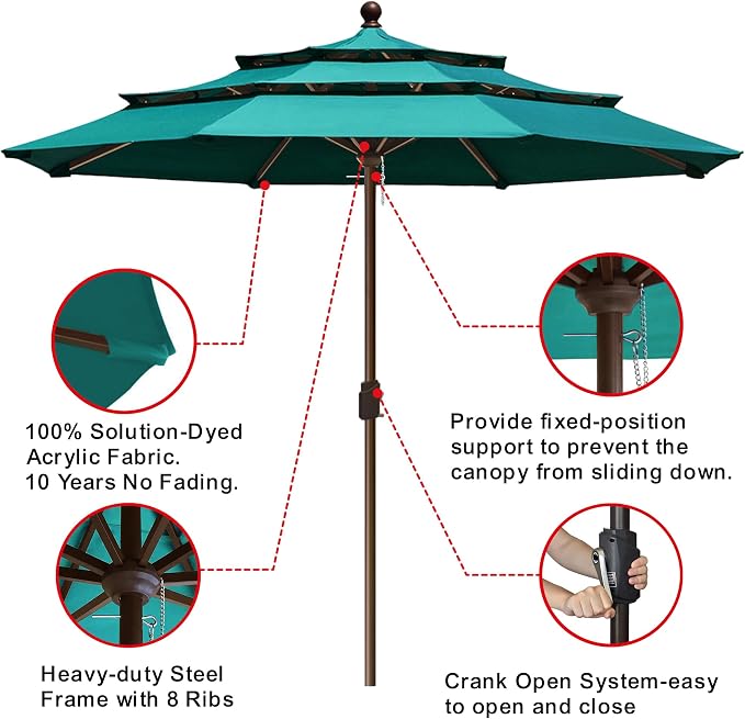 EliteShade USA 10-Year-Non-Fading 11ft 3-Tier Market Patio Umbrella, Commercial Grade Outdoor Table Umbrella with Crank Open, Windproof & UPF 50+ UV Protection, Heavy Duty Ventilation for Garden, Deck, Pool, Backyard, Beach & Bistro, No Tilt, Teal