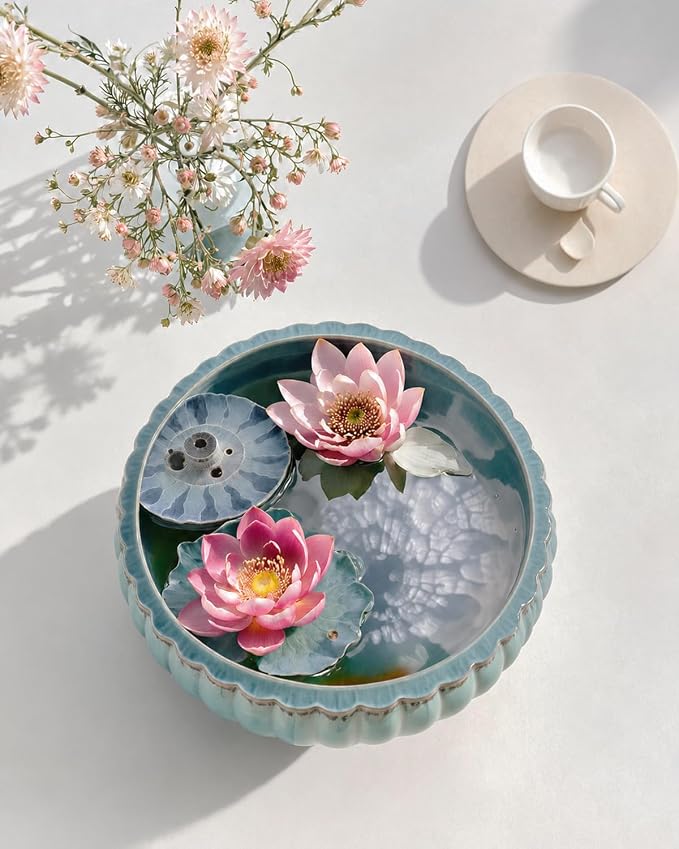 vensovo Round Ceramic Lotus Planter Pot - 11 Inch Large Lotus Flower Bowl, Water Lily Bowl Planter for Aquatic Plants, Bonsai Trees(Green Gradient)
