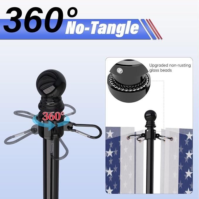 ZMTECH 6FT Flag Pole for Outside House with Solar Light, Tangle Free Stainless Steel Flag Pole Kit, 180° Adjustable Flag Pole Holder & Flag Holder Bracket, Black (No Flag)