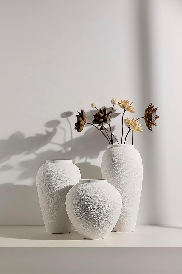 Vintage Ceramic Vase, Minimalist Texture Stone Patterned White Flower Vase, Decorative Vase for Living Room Shelf Farmhouse Dining Table Centerpiece Decor (White Texture Set of 3)