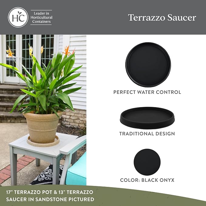 The HC Companies 18.5 Inch Terrazzo Round Plant Saucer, Lightweight UV-Resistant Plastic Outdoor & Indoor Flower Pot Tray, 1-Pack Plant Pot Trays for Garden & Home Decor, Black Onyx