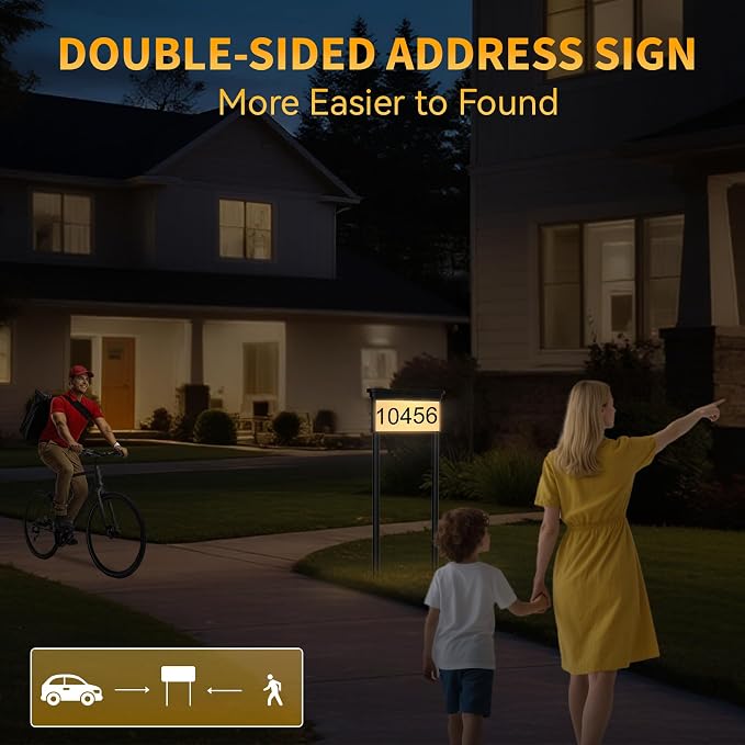 LumiZen Solar Address Sign, House Numbers for Outside Double Side, 12-Color Modes Lighting Address Plaque Outdoor Waterproof, Illuminated LED Address Numbers with Stakes for Yard Home Mailbox-2pack